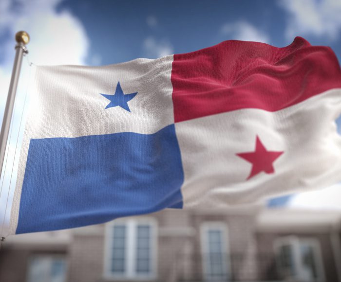 Panama Flag 3D Rendering on Blue Sky Building Background